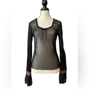 Mexx Sheer Black Mesh Top with flared sleeves & pink embroidery accents Size L